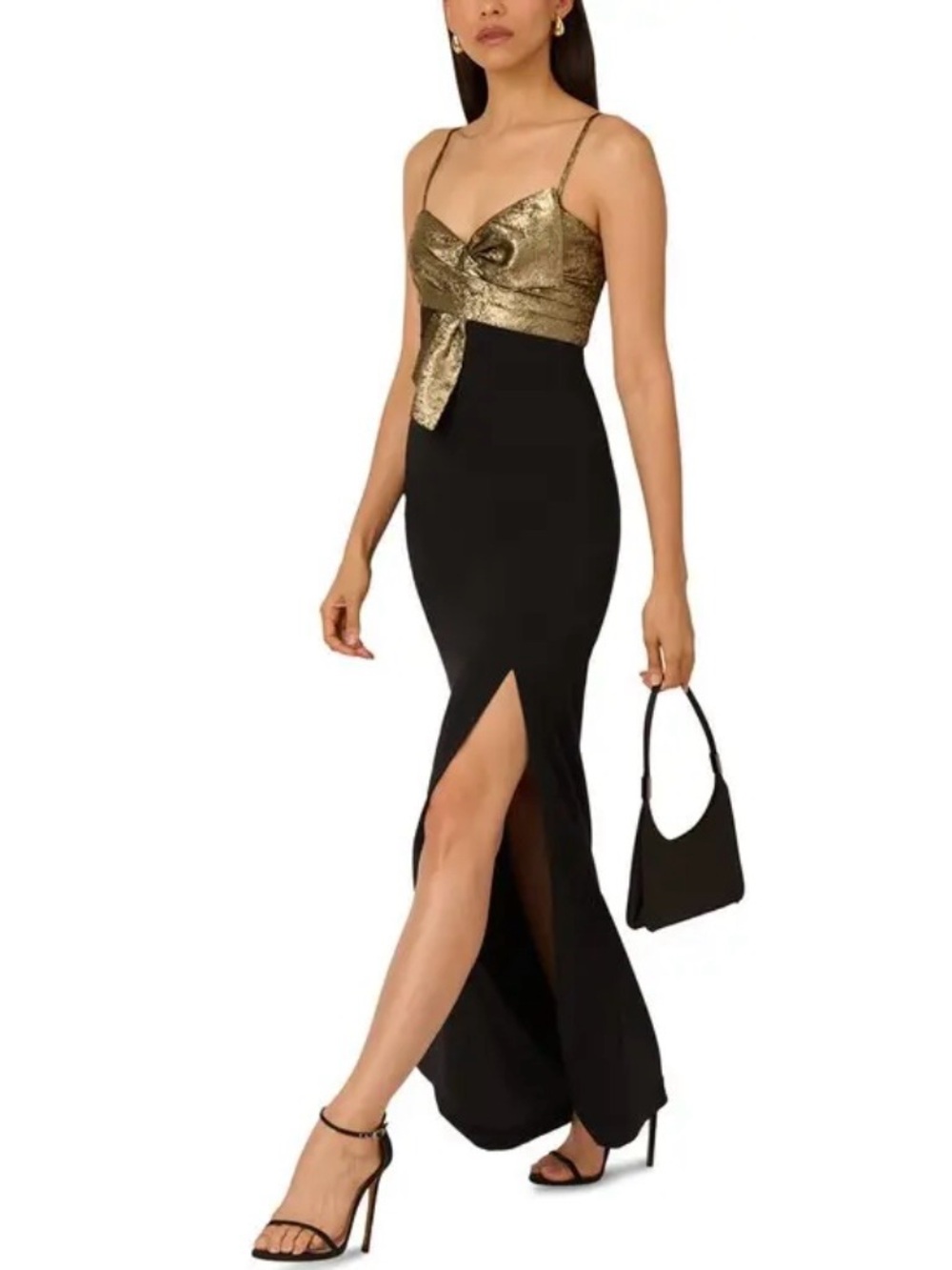 Liv Foster Black Gold Bow Contrast Twist Formal Gala Evening Gown US 6 New